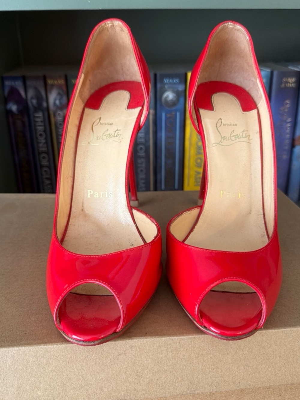 Christian Louboutin Red Patent Peep-Toe Pumps with Signature Curve